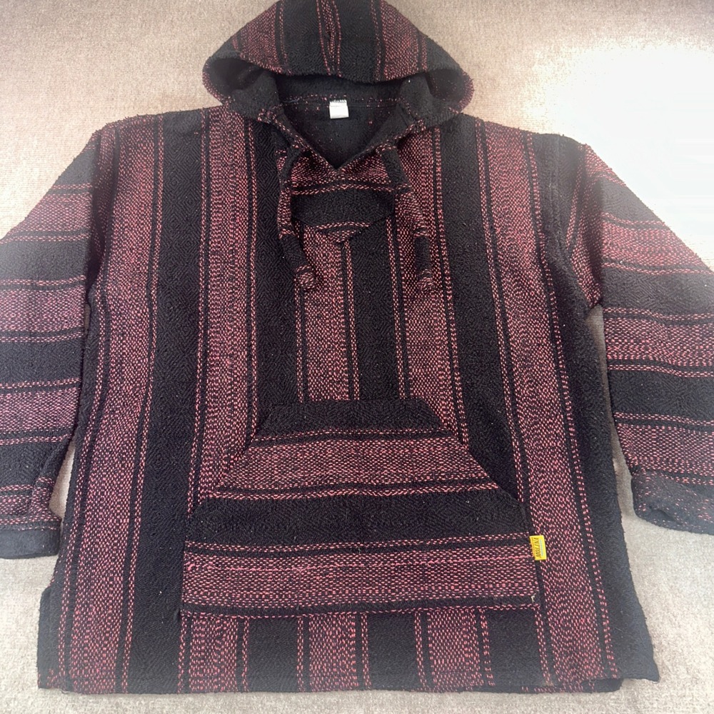 Molina Mexican Baja Hoodie XL Black Pink Striped Woven Drug Rug Pullover Mexico